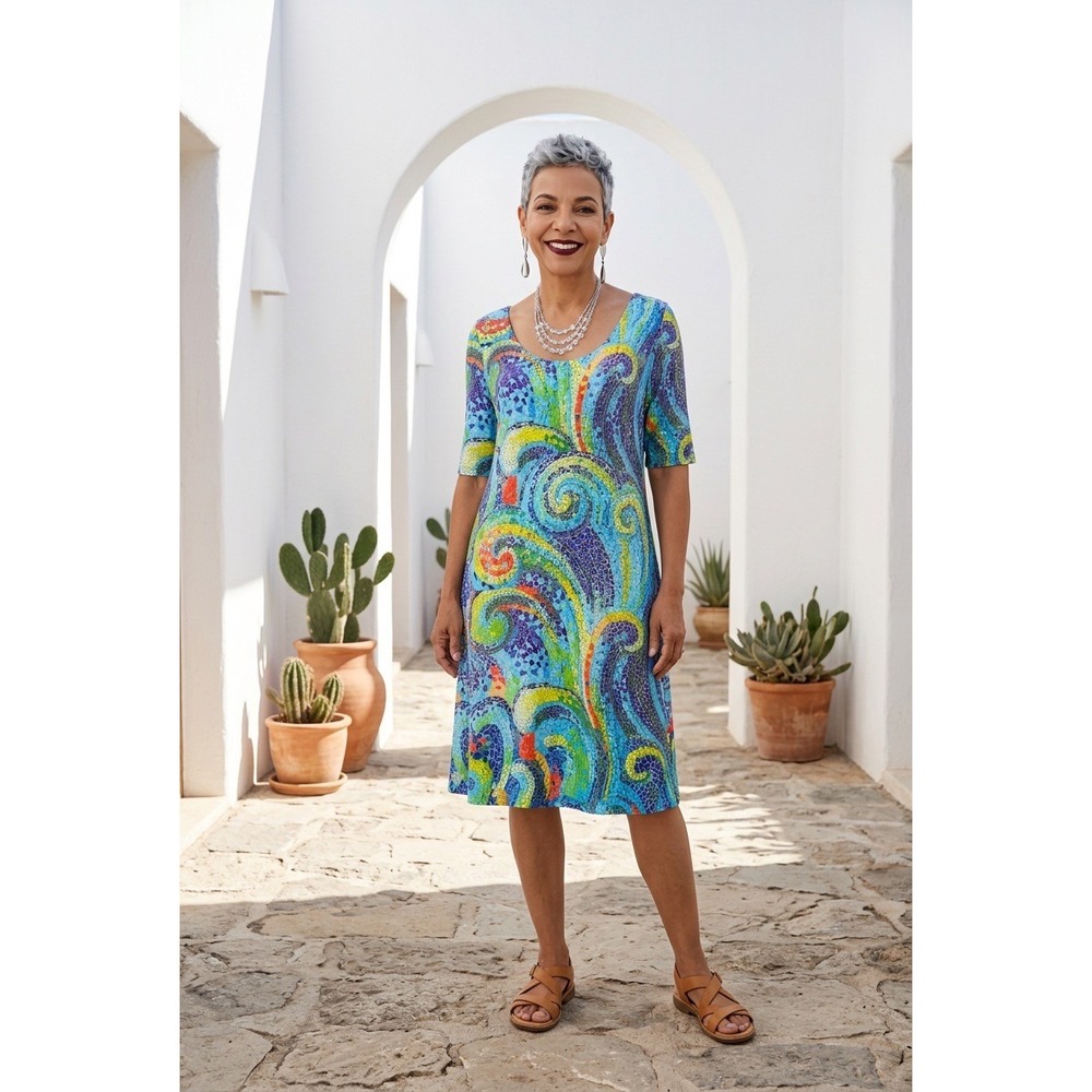 Citi Life Women Blue Mosaic Swirl Print Scoop Neck Short Sleeve Sheath Dress L